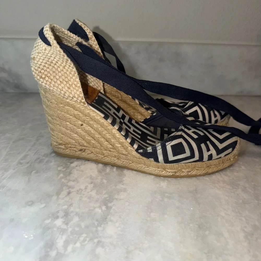 Tory‎ Burch Navy Geometric Logo Canvas Ankle Tie Espadrille Wedge Sandals 36